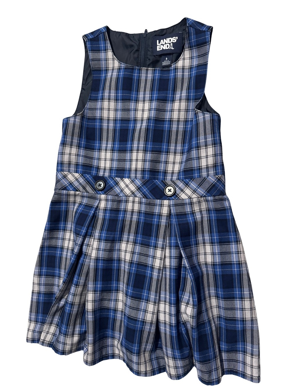 Lands' End Girls Navy and Gray Plaid School Dress